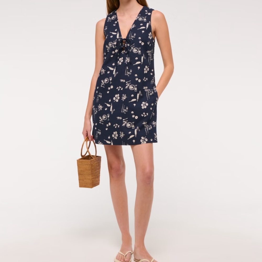 Abercrombie & Fitch Women's Linen-Blend Tie-Front Mini Dress Navy&White Size SP